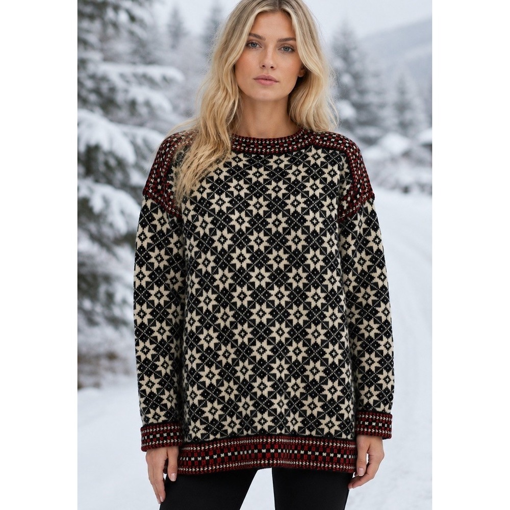 Nordic Ridge 100% Wool Pullover Sweater Scandinavian HYGGE Snowflake Ski Bright